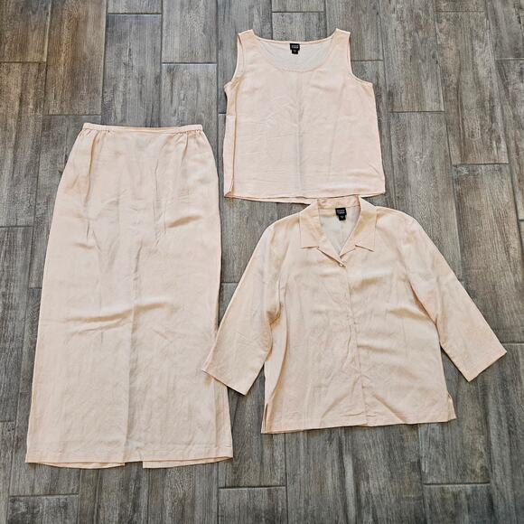 Eileen Fisher 3 Piece Set Women M Silk Linen Peach Tank Shirt Skirt Quiet Luxury - Picture 1 of 15